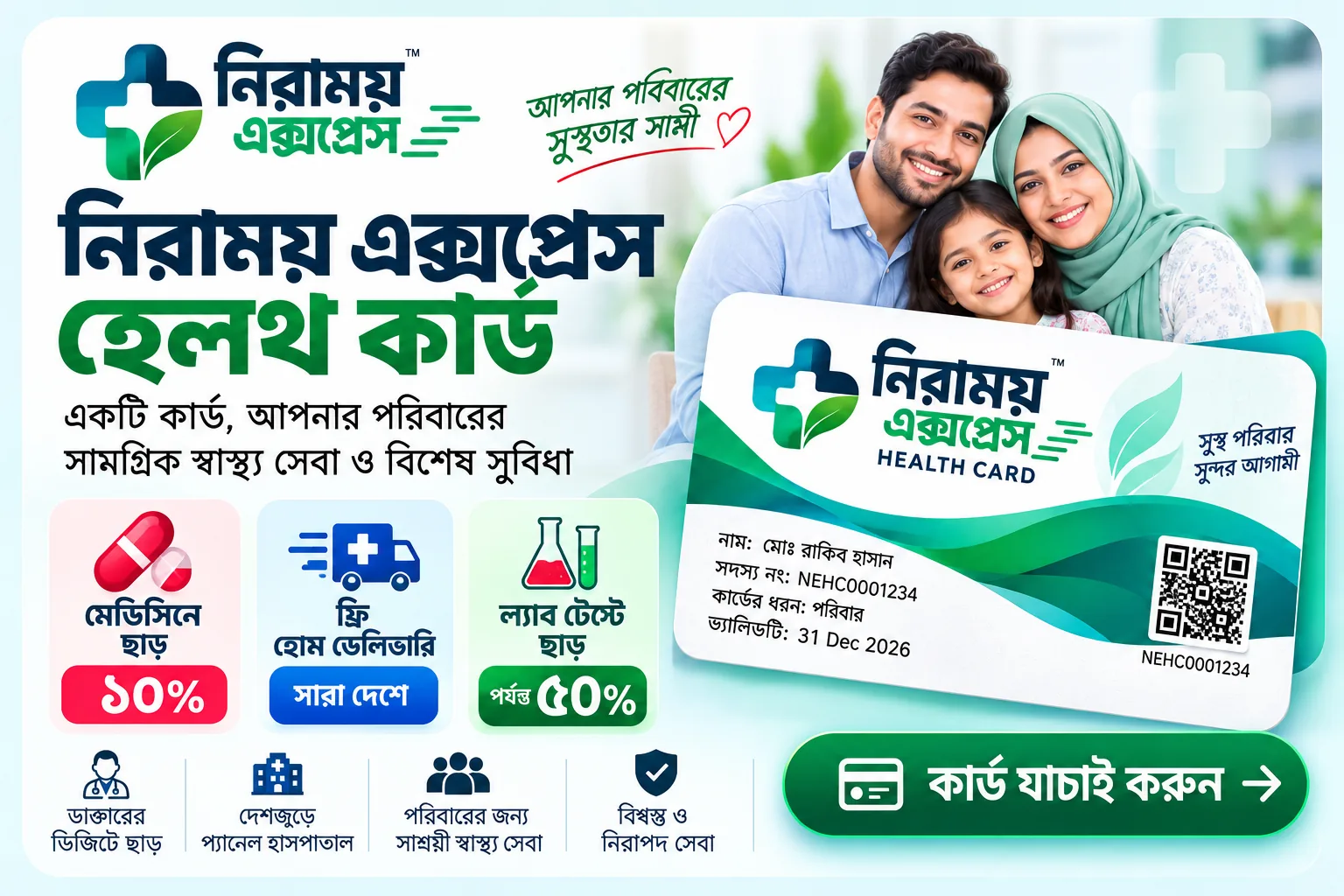 নিরাময় এক্সপ্রেস হেলথ কার্ড — মেডিসিনে ১০% ছাড়, ফ্রি হোম ডেলিভারি ও ল্যাব টেস্টে ছাড়